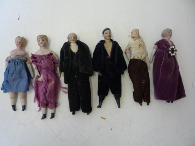 Dolls & Equipment. Six bisque shoulder head dolls` house dolls (including two gentlemen), all with