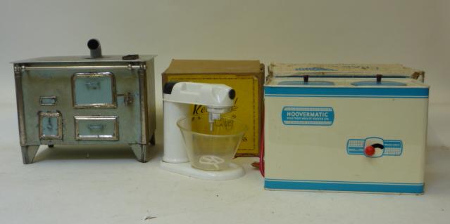 Dolls & Equipment. A Chad Valley Hoovermatic washer, boxed, 10" wide, a JEP UNIS tin and aluminium