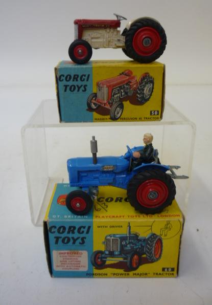 Diecast Vehicles. 60 Fordson Power Major Tractor, boxed, G, 50 Massey-Ferguson 65 Tractor, boxed,