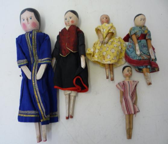 Dolls & Equipment. Five various wooden peg dolls, early 20th century, all complete and with