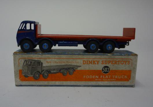 Diecast Vehicles. 503 Foden Flat truck with tail board, 1st cab, blue/orange, repaint, boxed, F