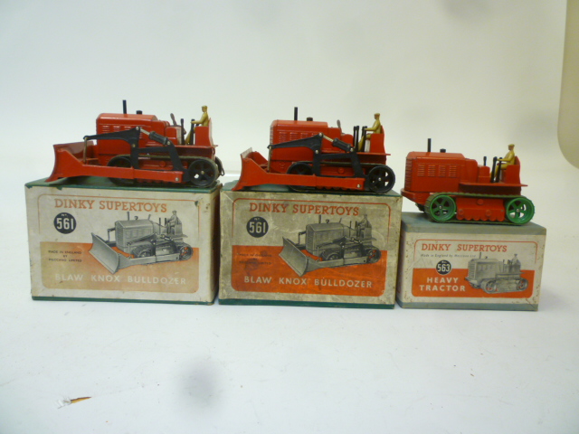 Diecast Vehicles. Two 561 Blaw Knox Bulldozer, boxed, F-G, 563 Heavy Tractor, red, boxed, G (3)