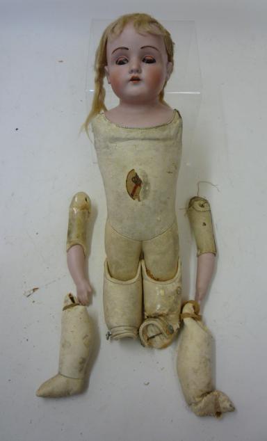 Dolls & Equipment. A J D Kestner bisque shoulder head girl doll (to re-string), with brown glass