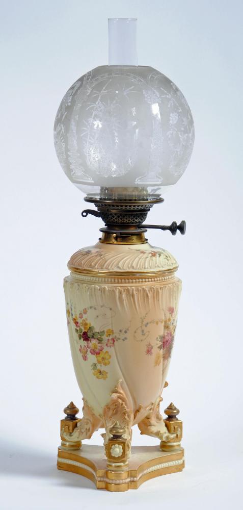 A ROYAL WORCESTER PORCELAIN BLUSH IVORY OIL LAMP BASE, of wrythen fluted conical form, the lift out