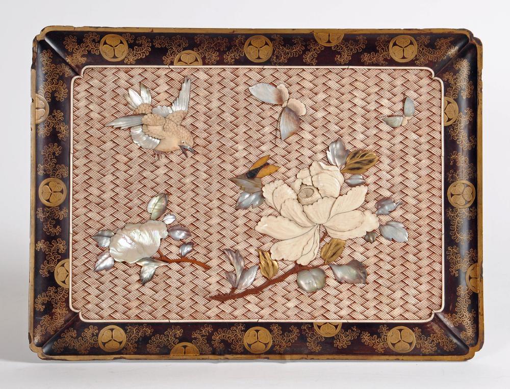 A JAPANESE SHIBAYAMA LAQUERED TRAY, Meiji period, of rounded oblong form with re-entrant corners,