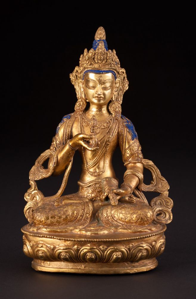 BUDDHA VAJRASATTVA   Tibet, 19./20. Jh.  Kupferbronze, feuervergoldet, part. Kaltbemalung. H. 22 cm.