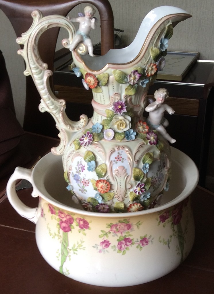 Large Dresden style jug and a potty.