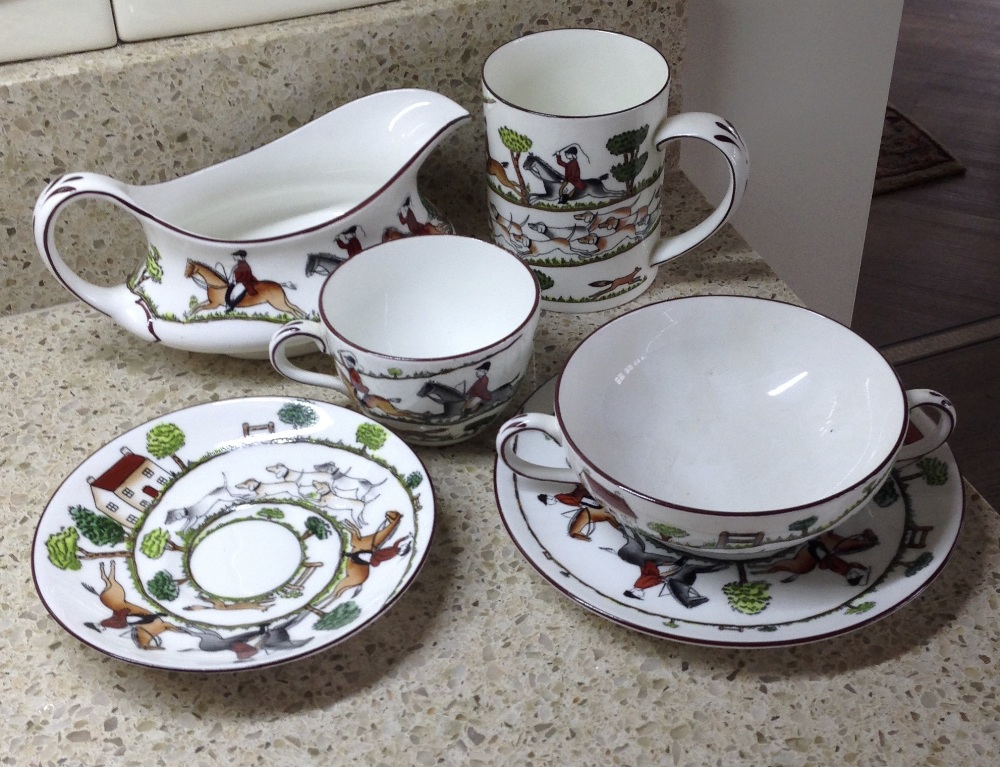 Crown Staffordshire part tea and dinner service, hunting Scenes.6 soups, 1 plate, 7 breakfast cups