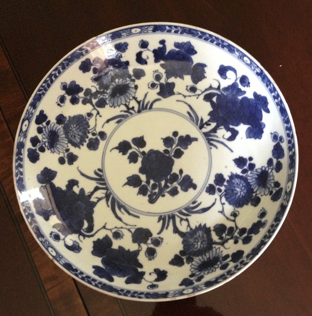 Eighteenth century blue and white Chinese dish, blue square mark 27cms, minor chips to rim.