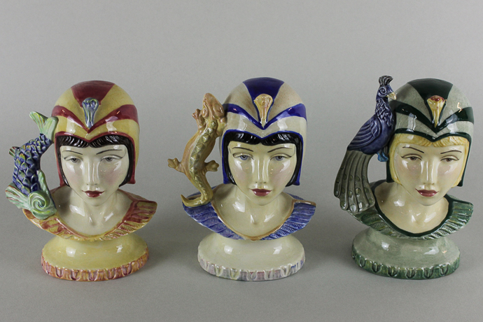 Three Kevin Francis ceramic heads, Queens of the Nile, Cleopatra, Xenobia and Isis, 15cm