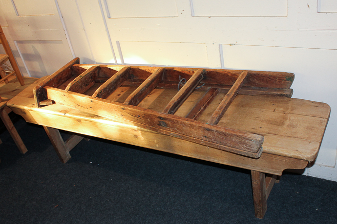 A strip pine bench, 180cm by 36cm, and a five tread folding wooden steps