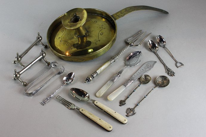 A folding `penknife` spoon and fork, a bread fork, a mother of pearl handled jam spoon and butter