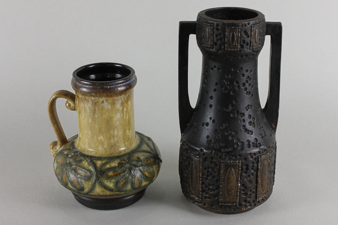 A Clanta `studio pottery` two handled vase and a Strebto `studio pottery` jug, 21cm and 15cm high