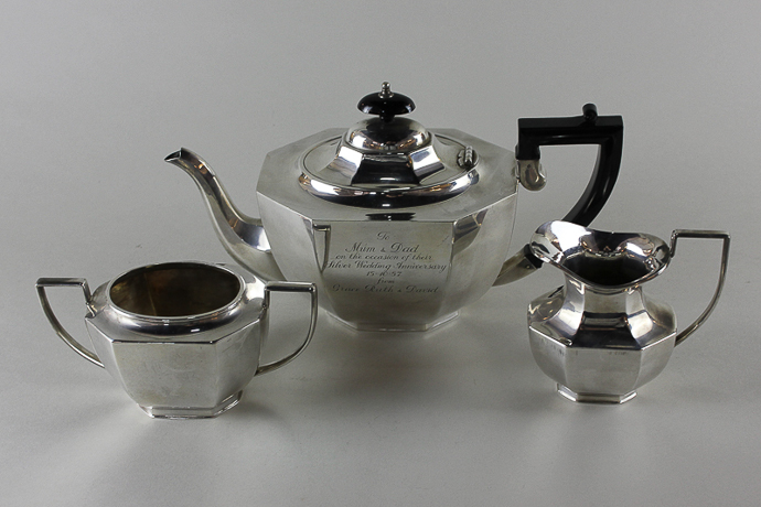 An EPNS three piece plated tea set, (presented)