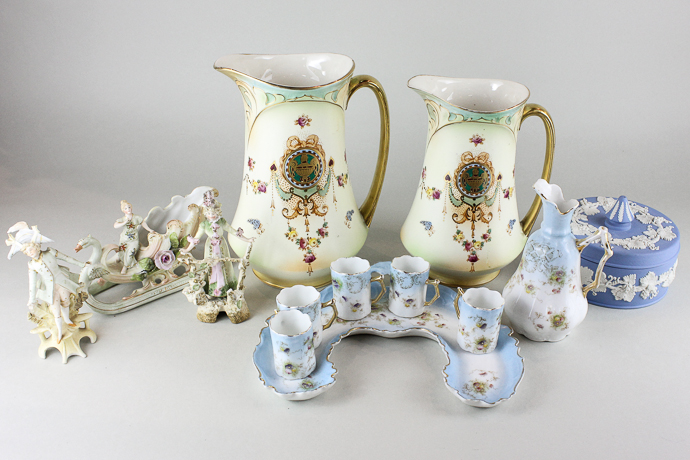 Two Crown Derby Erin pattern jugs, a Wedgwood Jasper Ware circular pot and cover, German bisque