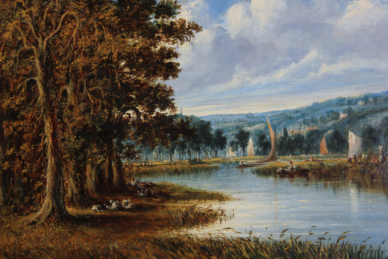 20th century Continental School, boats on a river and figures on banks with hills and village in