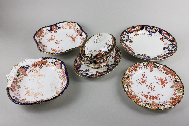 A collection of Royal Crown Derby plates and dishes in Imari style decoration (a/f)