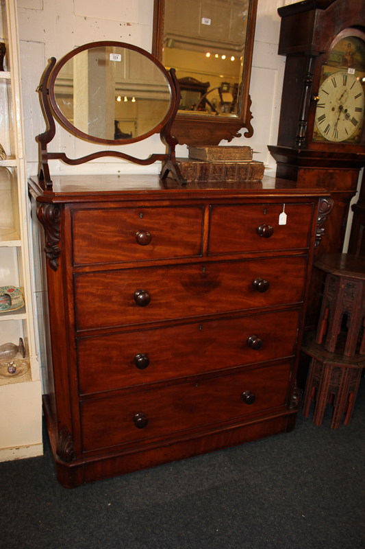 A Victorian mahogany chest of two short and three long graduated drawers on plinth base, 116cm