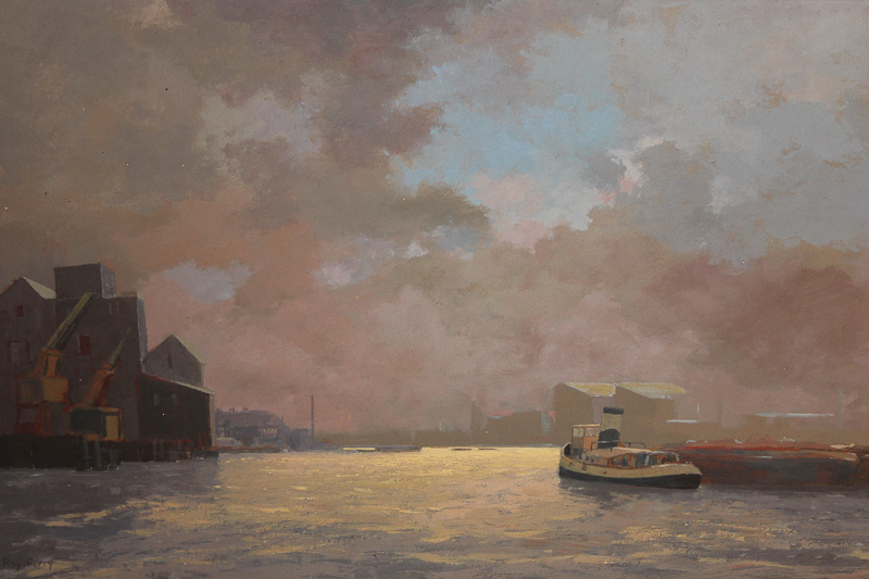 Roy Percy, tug boat on the Thames, oil on board, 45cm by 75cm