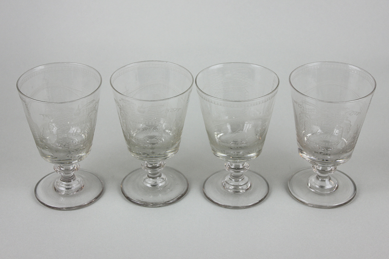 Four glass goblets, each etched with a ship and Sunderland Bridge, the reverse with monogrammed