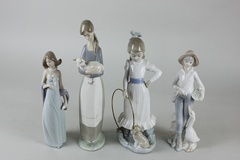 Two Lladro porcelain figure ornaments, girl with sheep and young lady in evening gown, a Nao