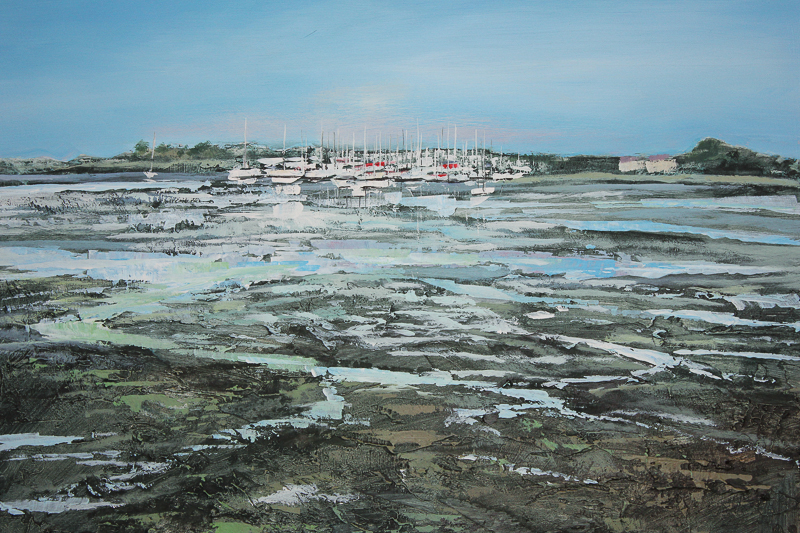 Malcolm Macdonald 2009, Prinsted Marina across old oyster beds, oil on board, 58cm square, and