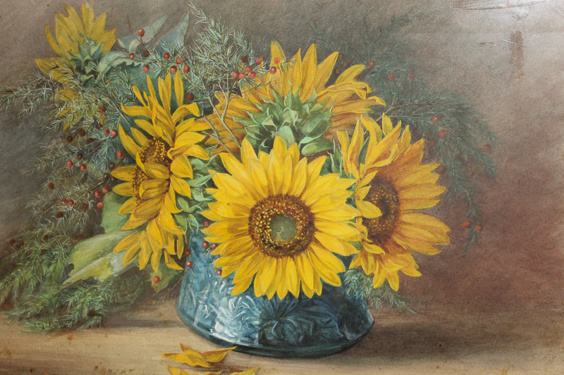 B Granville 1807, hydrangeas and sunflowers in a vase, watercolours, 24cm by 52cm, (one signed and