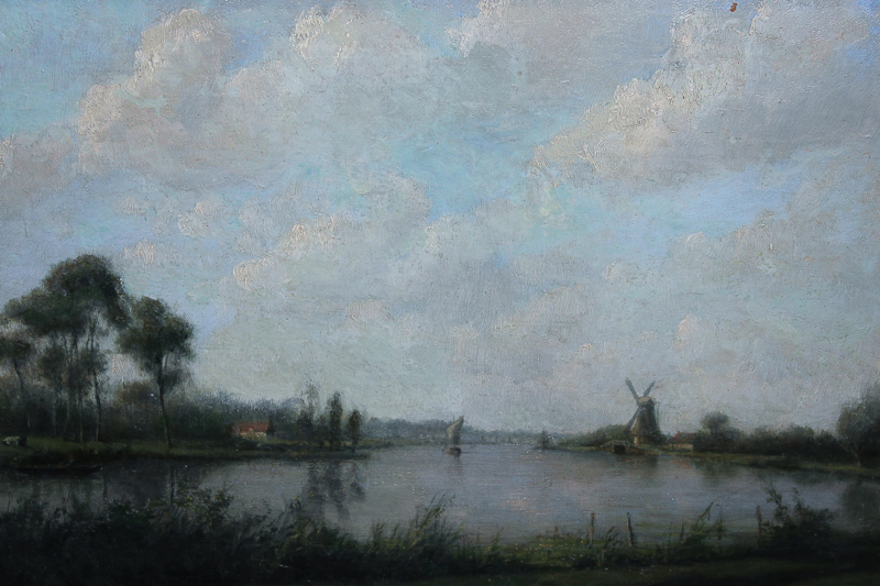 Late 19th century Continental School lake scene, boats and windmill, oil on relined canvas, 40cm