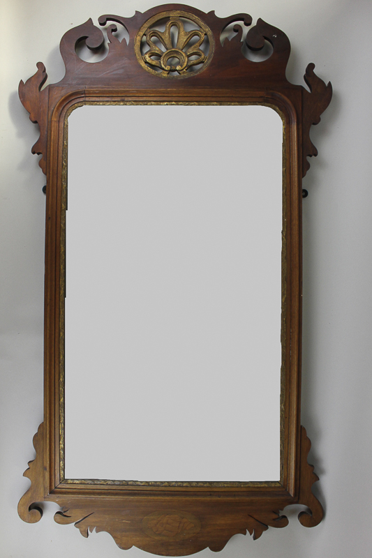 A mahogany fret-cut wall mirror with pierced gilt surmount, 60cm