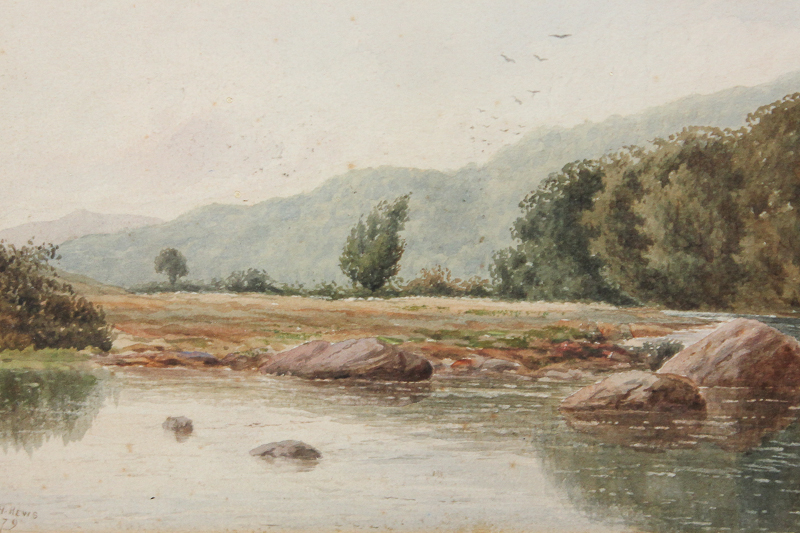W H Hews Victorian School, pair of watercolours, lakeside views, signed and initialled `79, 19cm