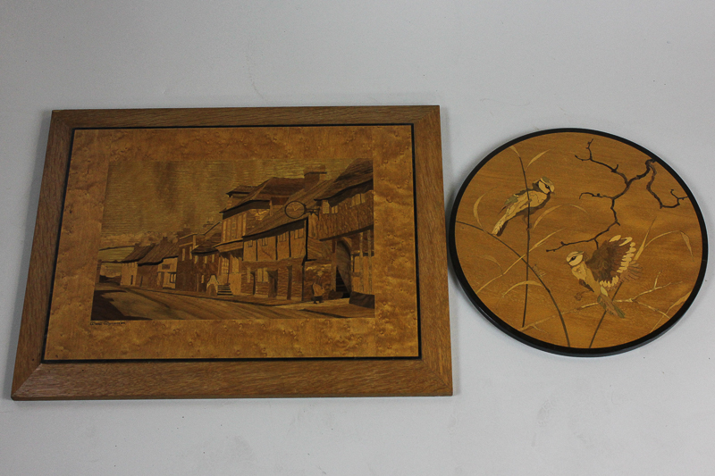 Two parquetry panel pictures of Miltons Cottage and West Wycombe, 47cm by 35cm, together with two