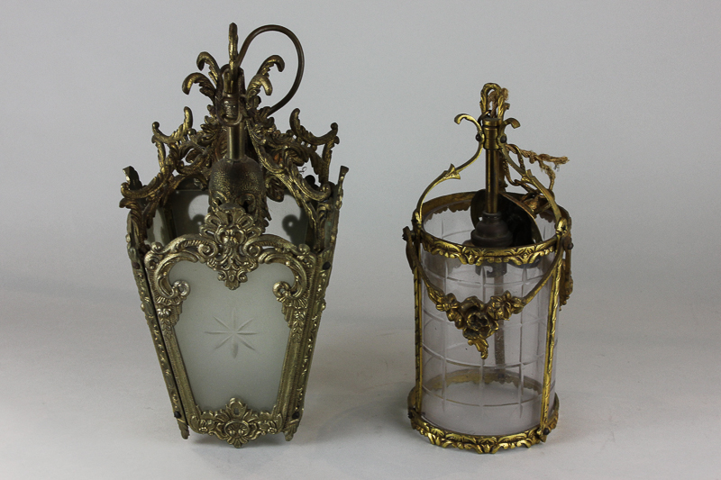 A brass and glass panel ceiling light and another circular brass and glass light