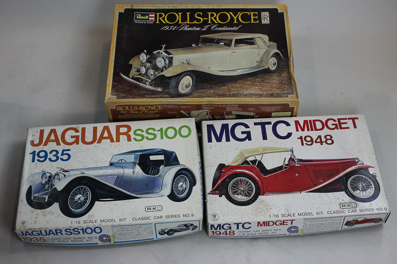 Three model kit cars, MG TC Midget 1948, a Jaguar 55100 and a Rolls Royce 1934 Phantom II