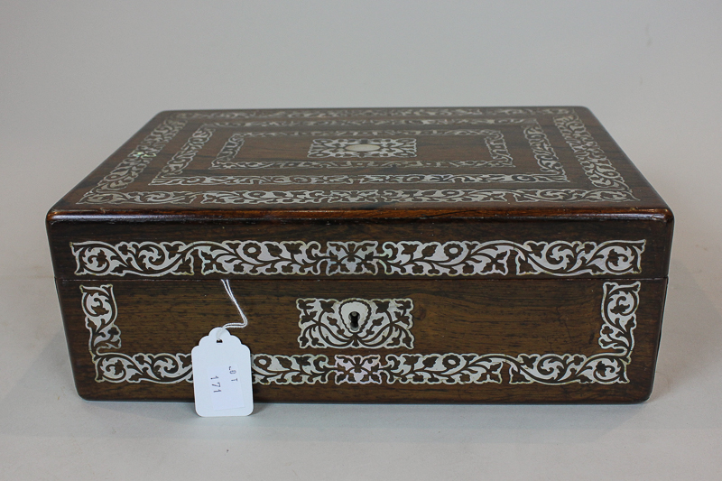 A Regency rosewood work box with mother of pearl inlaid decoration, 31cm by 21cm