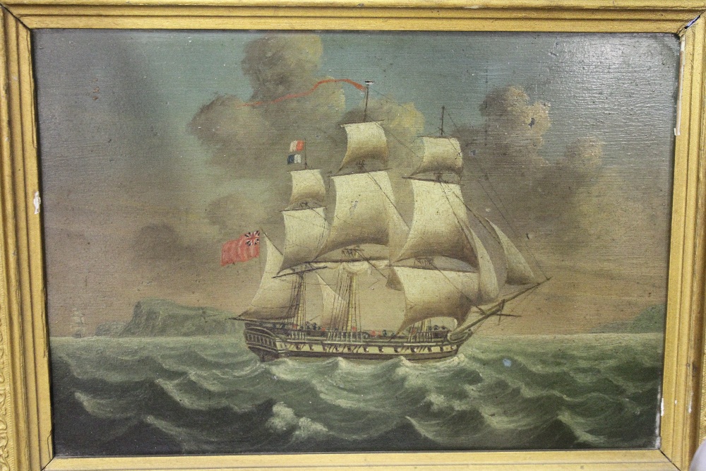 19th Cent. English school, oil on board of a three mast ship in gilt frame with the name Andrew Ford