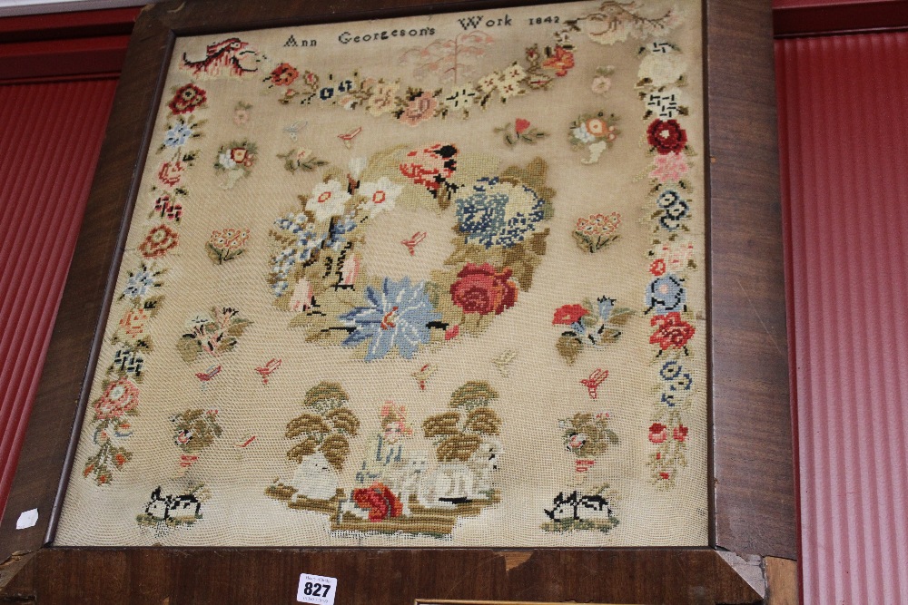 19th cent. Sampler, wool & fine work, floral design with figures, Ann Georgesons work 1842. framed