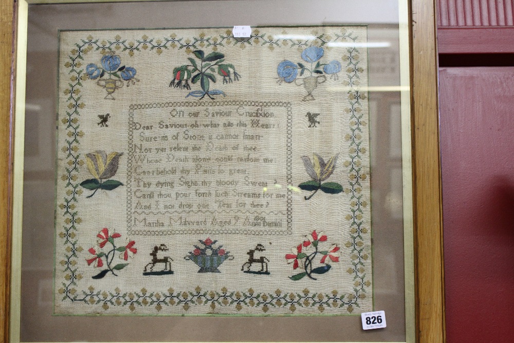 19th cent. Sampler, fine needle point with verse by Martha Milward aged 9, 1801. Framed and