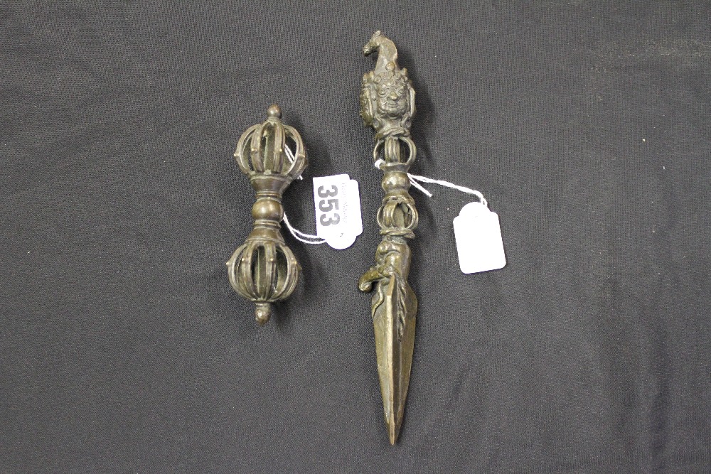 Sino - Tibetan: 19th cent. Bronze Phurba 3 blade and headed with horse head finial and elephant head