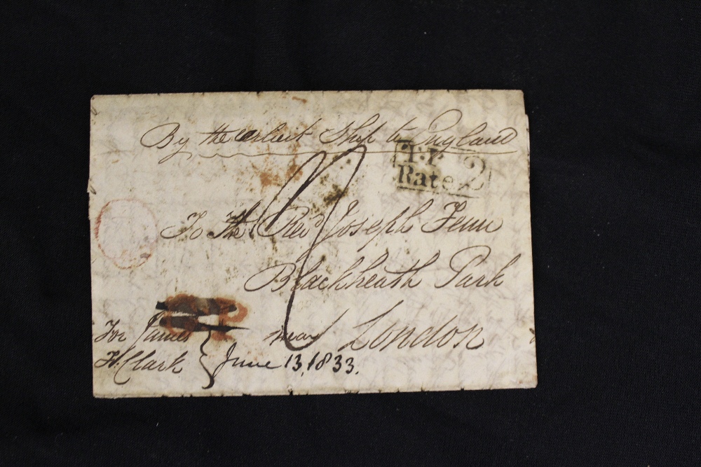 Postal History: Dated 1833 cover deleted in red 2 line top/rate 2, sent to Joseph Fenn.