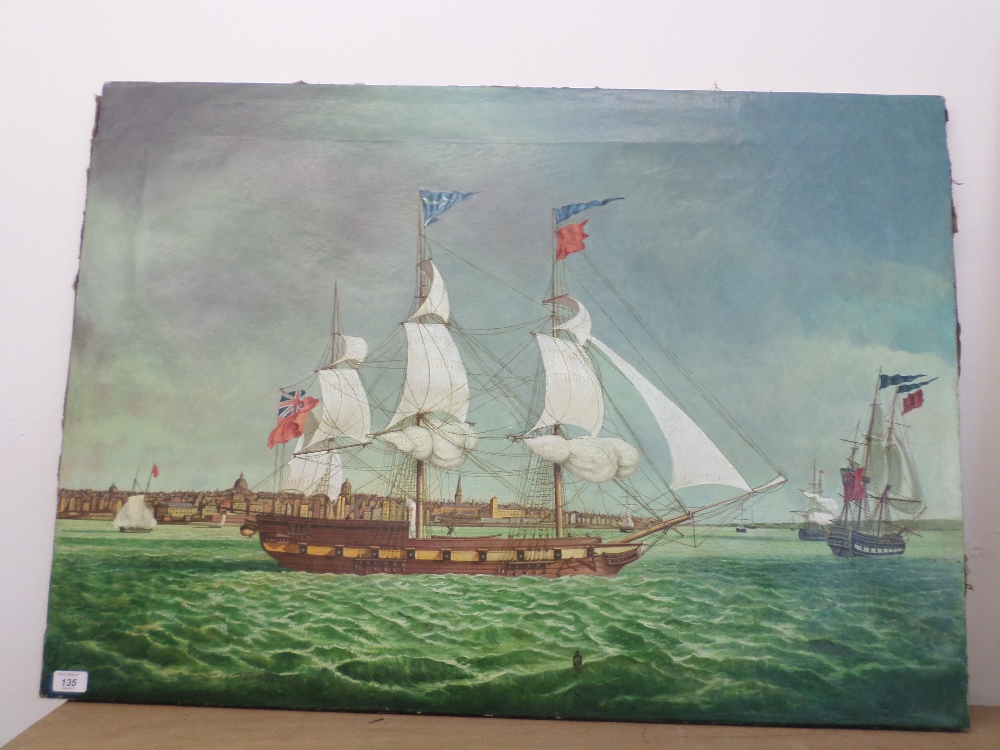 Oil on canvas of ships sailing past , 102cm in width, 72cm in height.