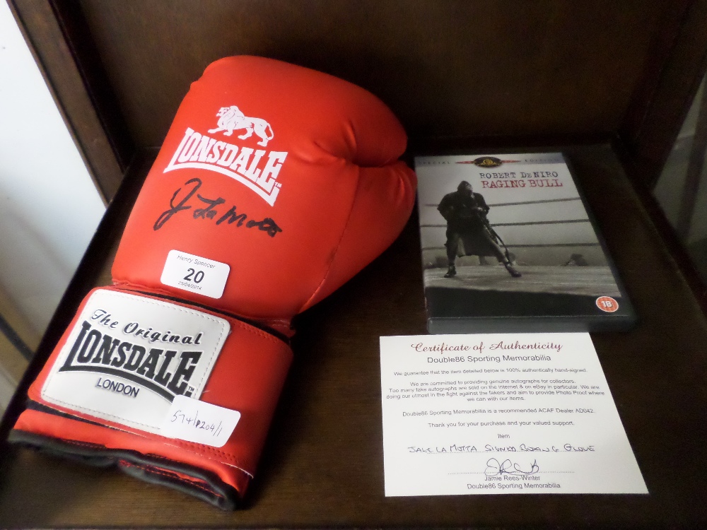 Signed boxing glove by Jake La Motta with COA & copy of 'Raging Bull' DVD which documents a stylised