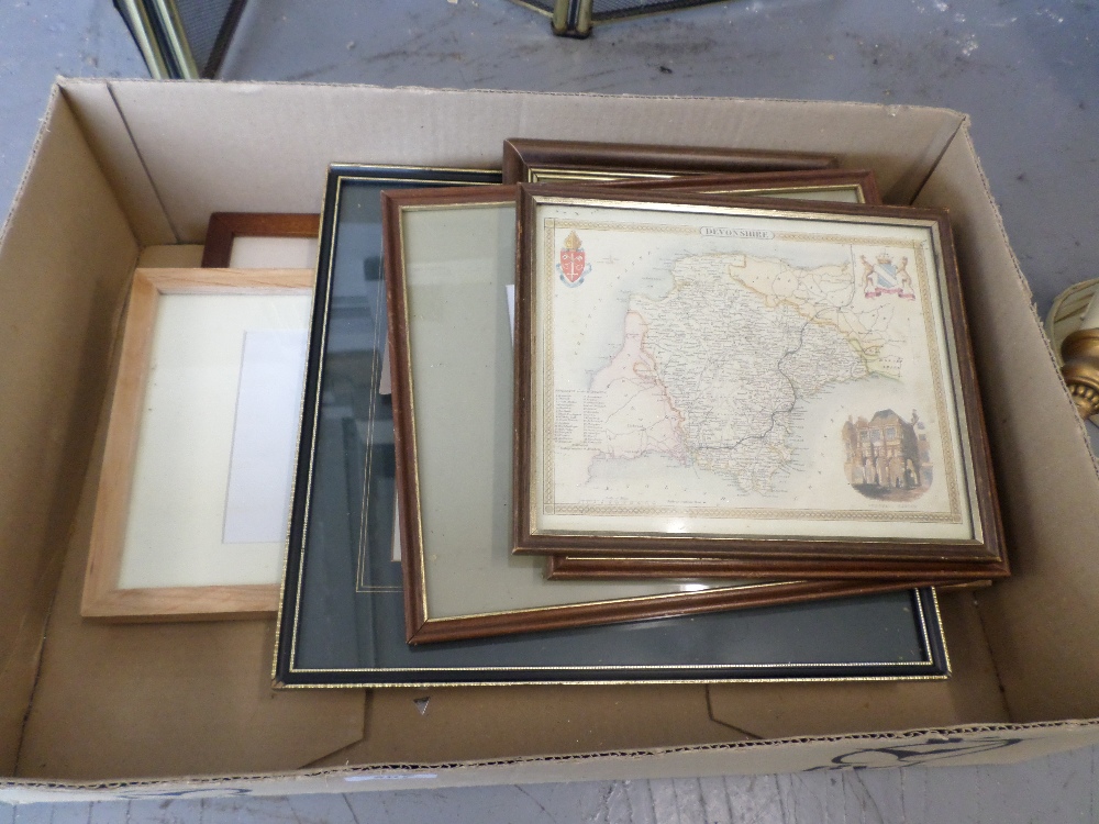 Boxed prints, photograph frames and map of devonshire