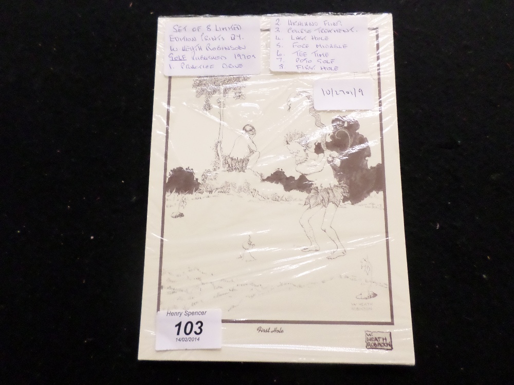 Set of limited Edition Prints By W.Heath Robinson, Published 1970s, Golf Series, Practice Drive,