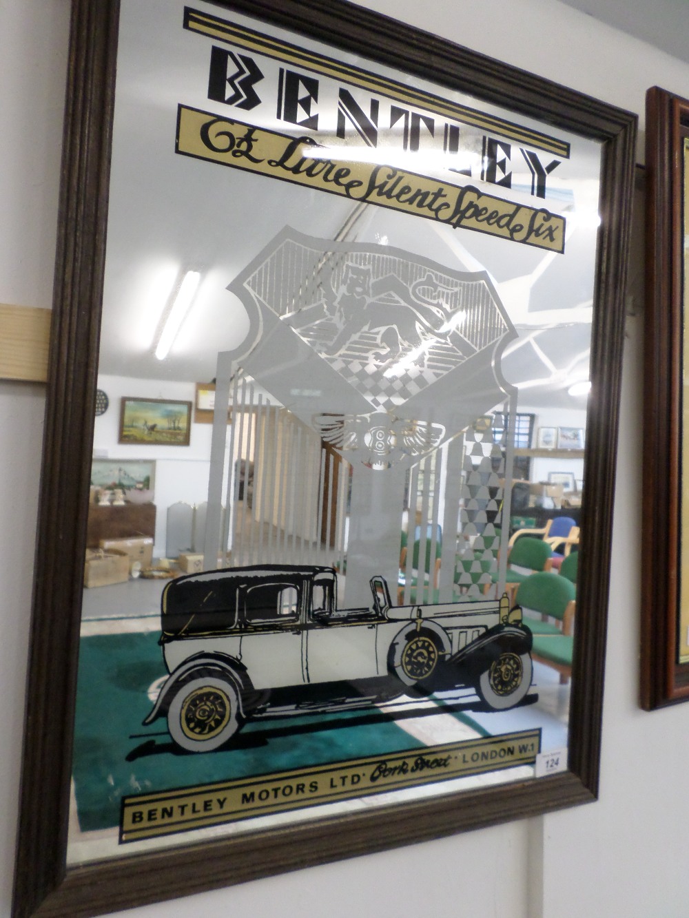 Oak Framed Decorated Mirror, relating to Bentley Motors Ltd. London W.1