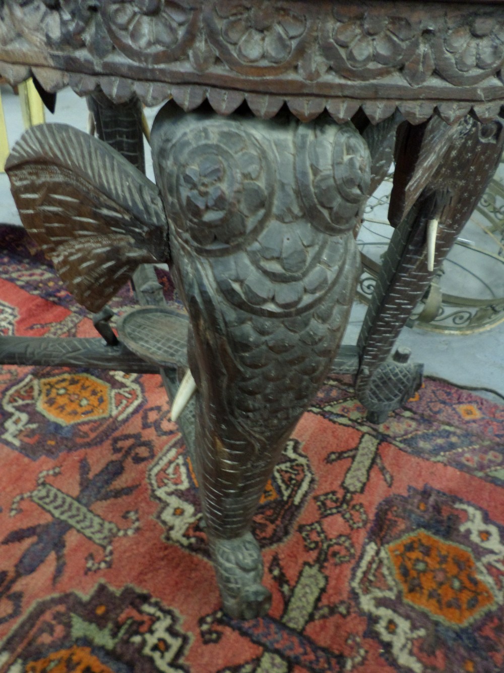 Highly decorative Indian Paduke Wood Coffee Table with elephant design on legs with tusks