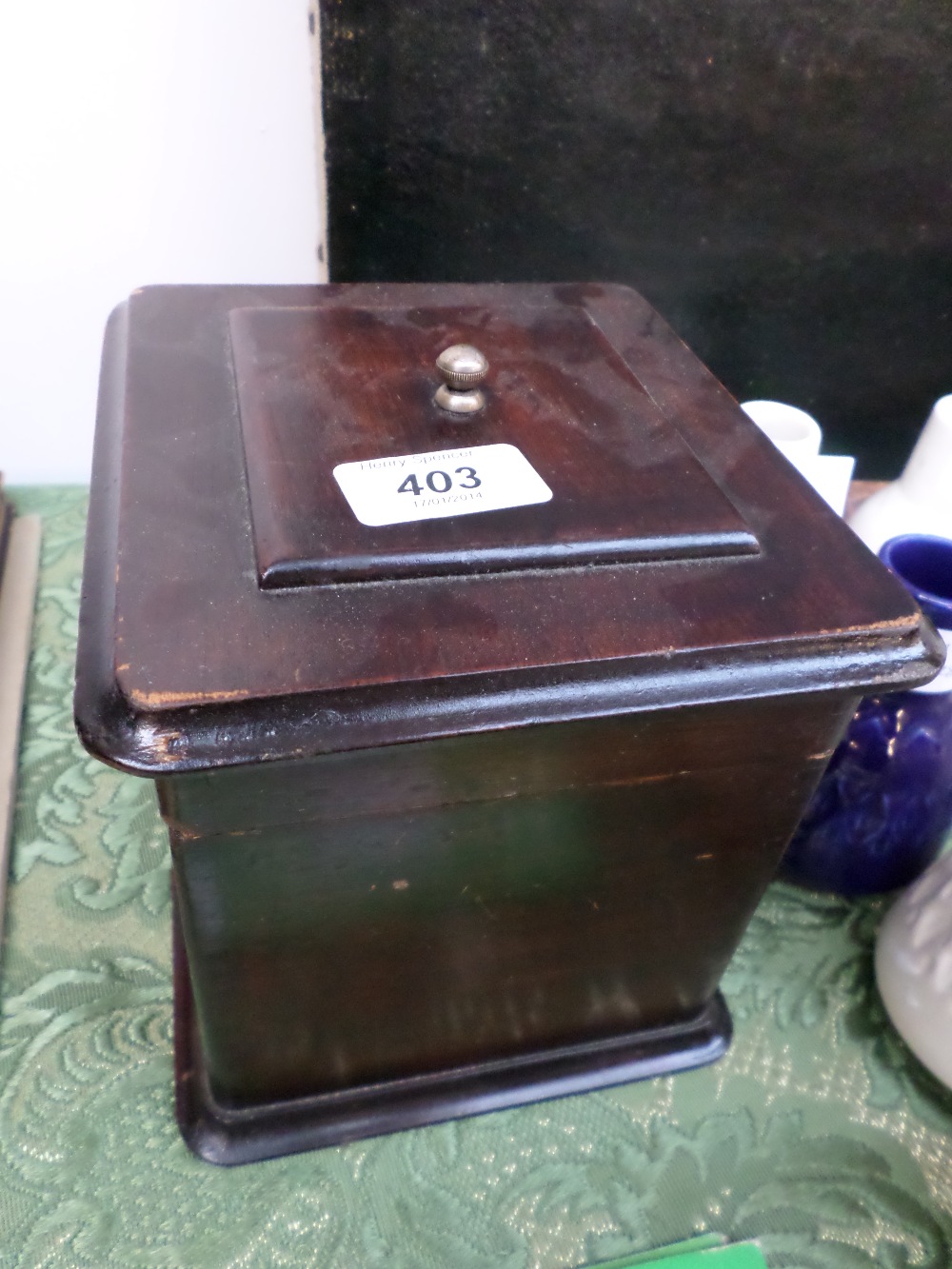 Cubic Tea Caddy. Metal Knop, Stained Wood.