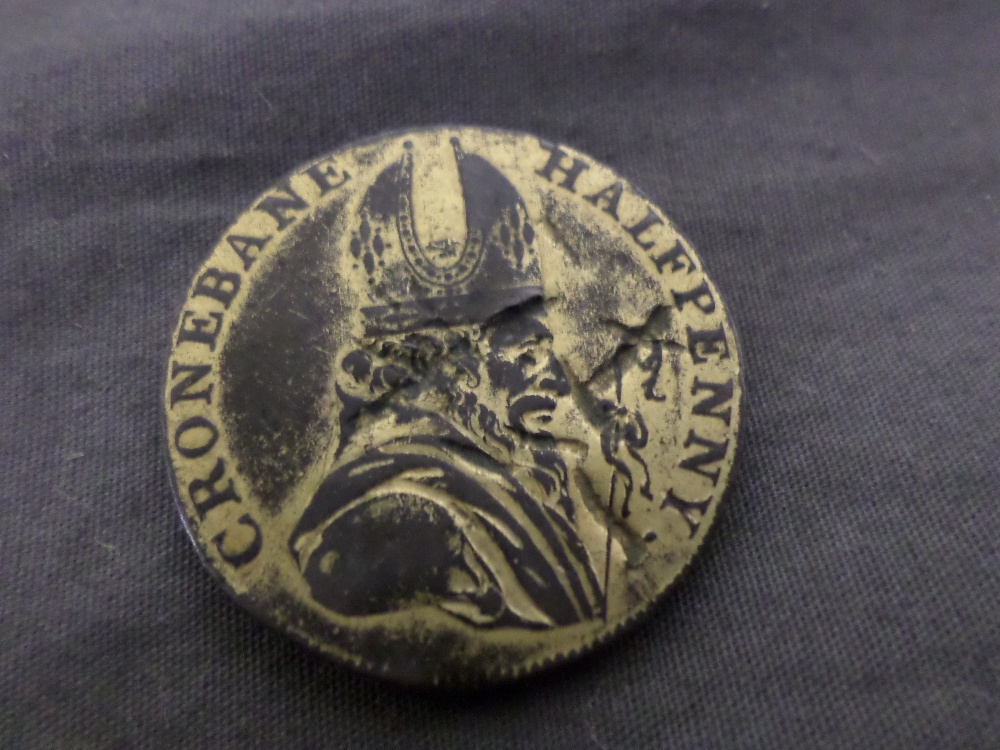 Cronebane Irish copper halfpenny token dated 1789. Gilded. Bust of Bishop. Reverse Associated