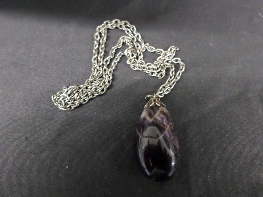 Polished drop Blue John Pendant Mounted with a White Metal Chain. Boxed.