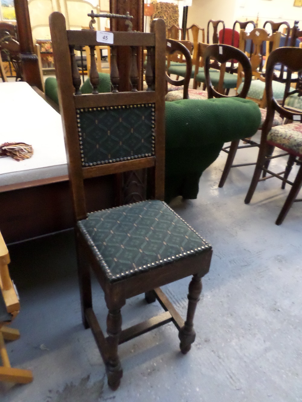 Rare Children's Edwardian/Victorian high back oak chair with fabric material seat