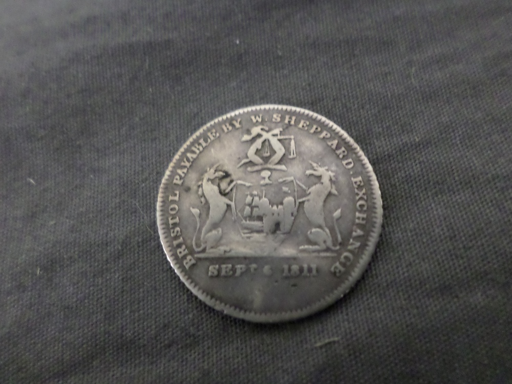 Bristol 1811 silver sixpence token. Payable by W. Sheppard. Arms of Bristol with supporters. Reverse